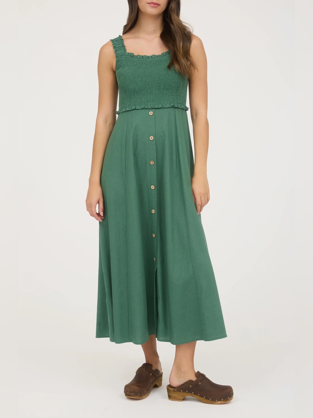 Blu Pepper Moss Green Smocked Linen Blend Midi Dress NWT